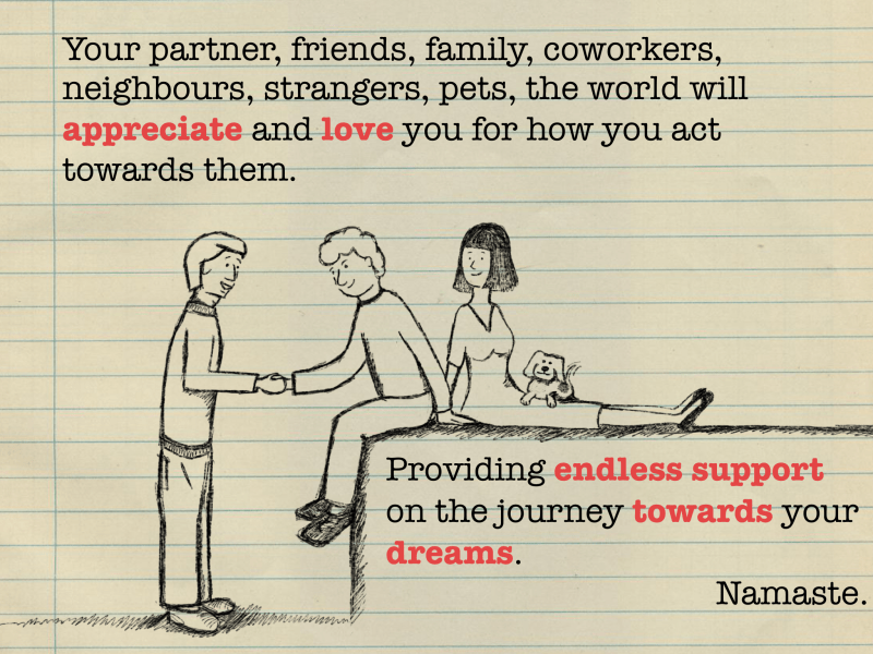 Your partner, friends, family, coworkers, neighbours, strangers, pets, the world will appreciate and love your for how you act towards them. Providing endless support on the journey towards your dreams. Namaste.